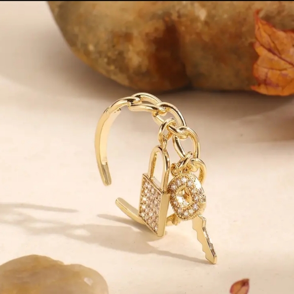 Gold tone Lock and Key Adjustable ring - Picture 2 of 6